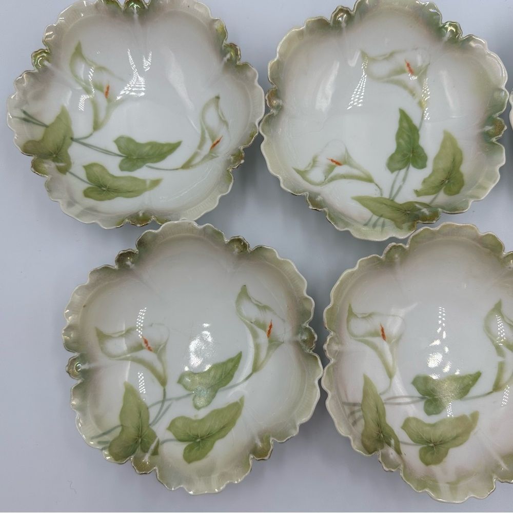 Vintage 1920’s Floral Scalloped Berry Bowls Set/6 Porcelain Gold Rim RS Germany